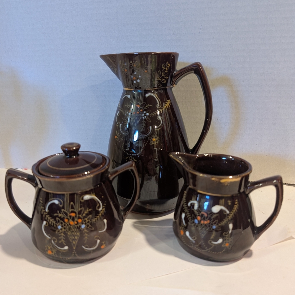 Vintage Redware Brown Betty Hand Painted Moriage Japanese Pottery 3 Pc Tea Set.